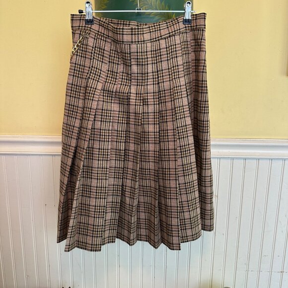 Pleated Brown Plaid Midi Skirt With Gold Chain Accent By Apparelel L - Picture 3 of 6